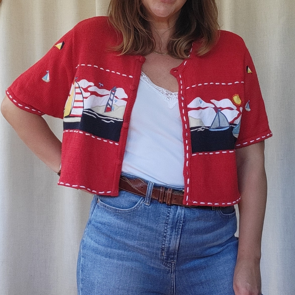 Redesigned Vintage Short Sleeve Sailboat Sweater Large With One Size Hat - Picture 9 of 13